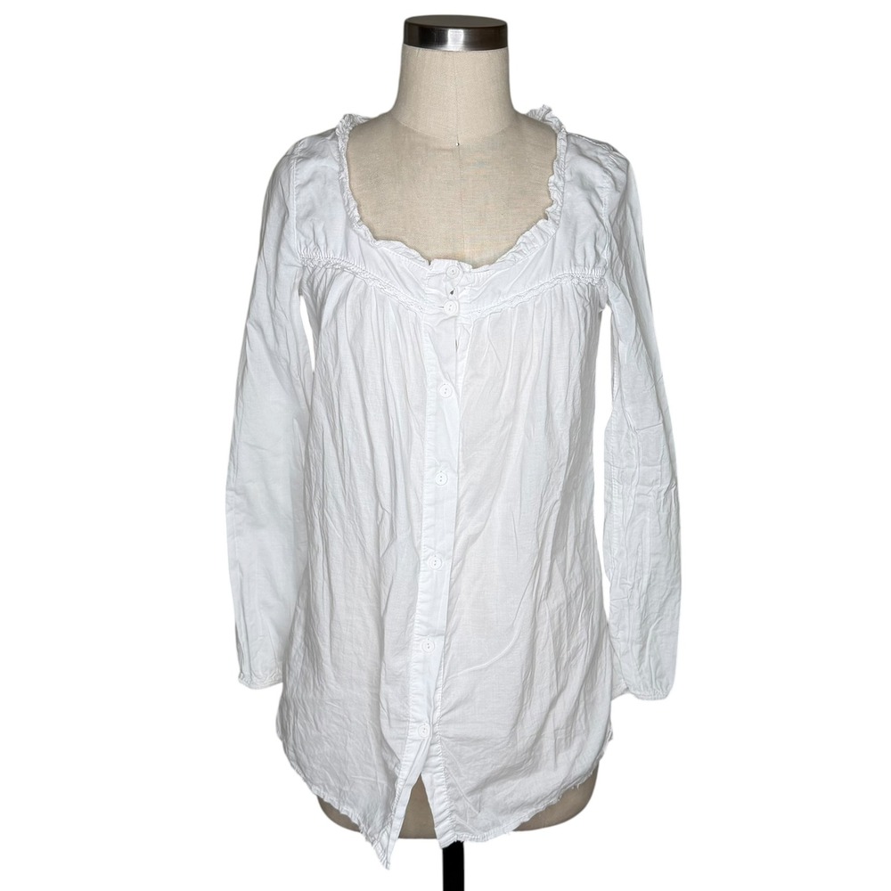 LUMA Blouse White Ruffle‎ Lace Trim Button Front Women's Size Small Distressed